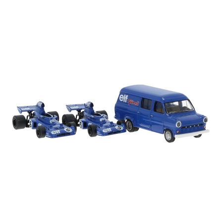 Brekina 22871 - Zestaw 'Tyrrell 006' z 1973 roku z 2 samochodami wyścigowymi i Ford Transit
