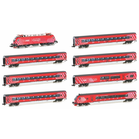 Hobbytrain H25227-S - Zestaw 8 pociągów pasażerskich "100 lat ÖBB Railjet", ÖBB, Ep.VI, dźwięk DC