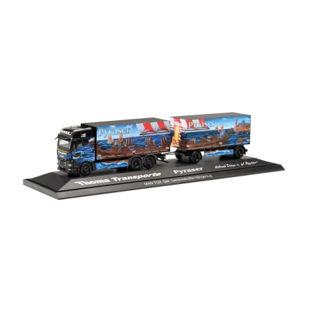 Herpa 122337 - MAN TGX GM Ciężarówka z naczepą skrzyniową do przewozu napojów „Pyraser III / Rudi Thoma”