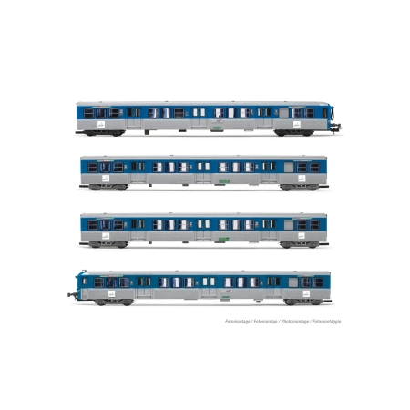 Jouef HJ4185 - Zestaw 4 wagonów pasażerskich RIO 77 „Stelyrail bleu”, SNCF, Ep.V-VI