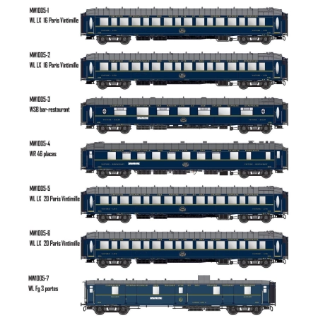L.S. Models MW1005 - Zestaw 7 wagonów pasażerskich „Le Train Blue”, CIWL, Ep.III, z oświetleniem wnętrza