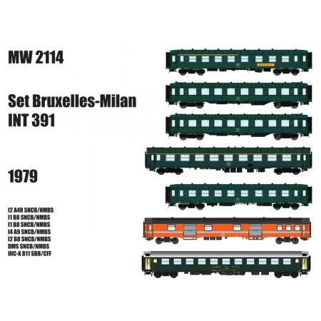 L.S. Models MW2114 - Zestaw 7 wagonów pasażerskich, Bruksela-Mediolan, SNCB, SBB, Ep.IV