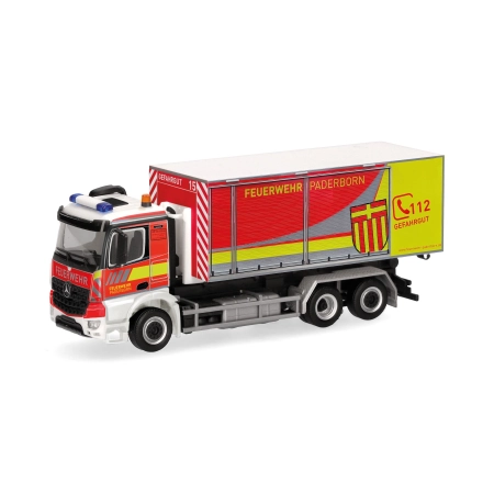 Herpa 098854 - Mercedes-Benz Arocs M ciężarówka z wymiennym ładunkiem 3-osiowa „Straż pożarna w Paderborn”