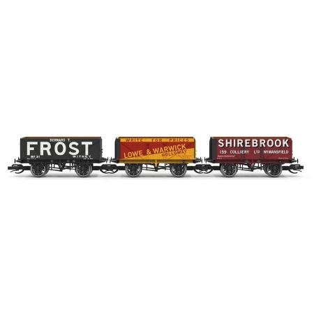 Hornby TT6042 - Zestaw 3 wagonów węglarek 7 Plank Wagon, Lowe & Warwick Bernard T Frost Shirebrook, Ep.I