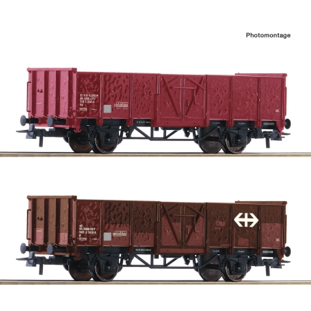 Roco 77034 - Zestaw 2 otwartych wagonów towarowych Es i E z wgnieceniami, SBB, Ep.IV-V