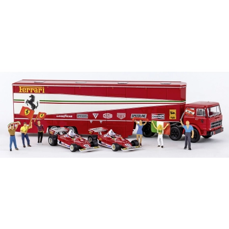 Brekina 58575 - Fiat 691 T racing transport zestaw SZ z 2 Ferrari 312 T2 F1 i 5 figurkami, 1977