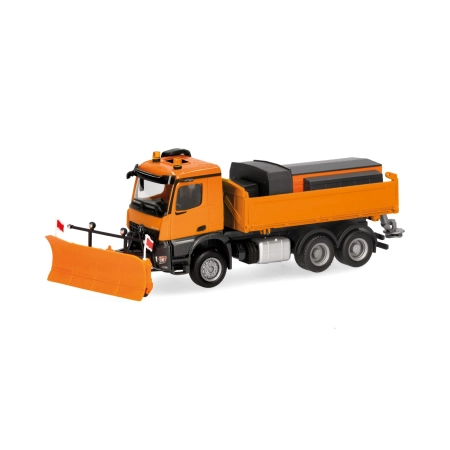 Herpa 320061 - MB Arocs 18 M Dreiseitenkipper-LKW 3achs mit Streuaufbau und Schneepflug, kommunalorange