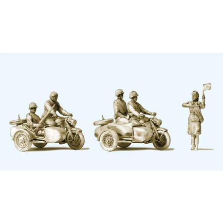 Preiser 16614 - Motocyklista, 2x motocykl Zündapp KS750, ZSRR, 5 niepomalowanych figurek.