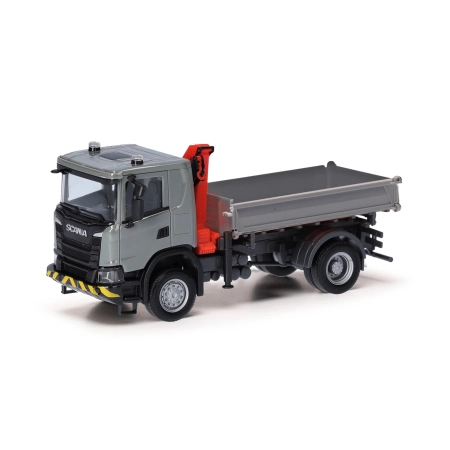 Herpa 318051 - Scania XT17 wywrotka 3-stronna z żurawiem załadunkowym, szara/żółta