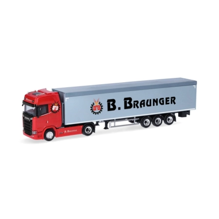 Herpa 321136 - Scania CS 20 naczepa z wysokim dachem i ruchomą podłogą „Braunger”